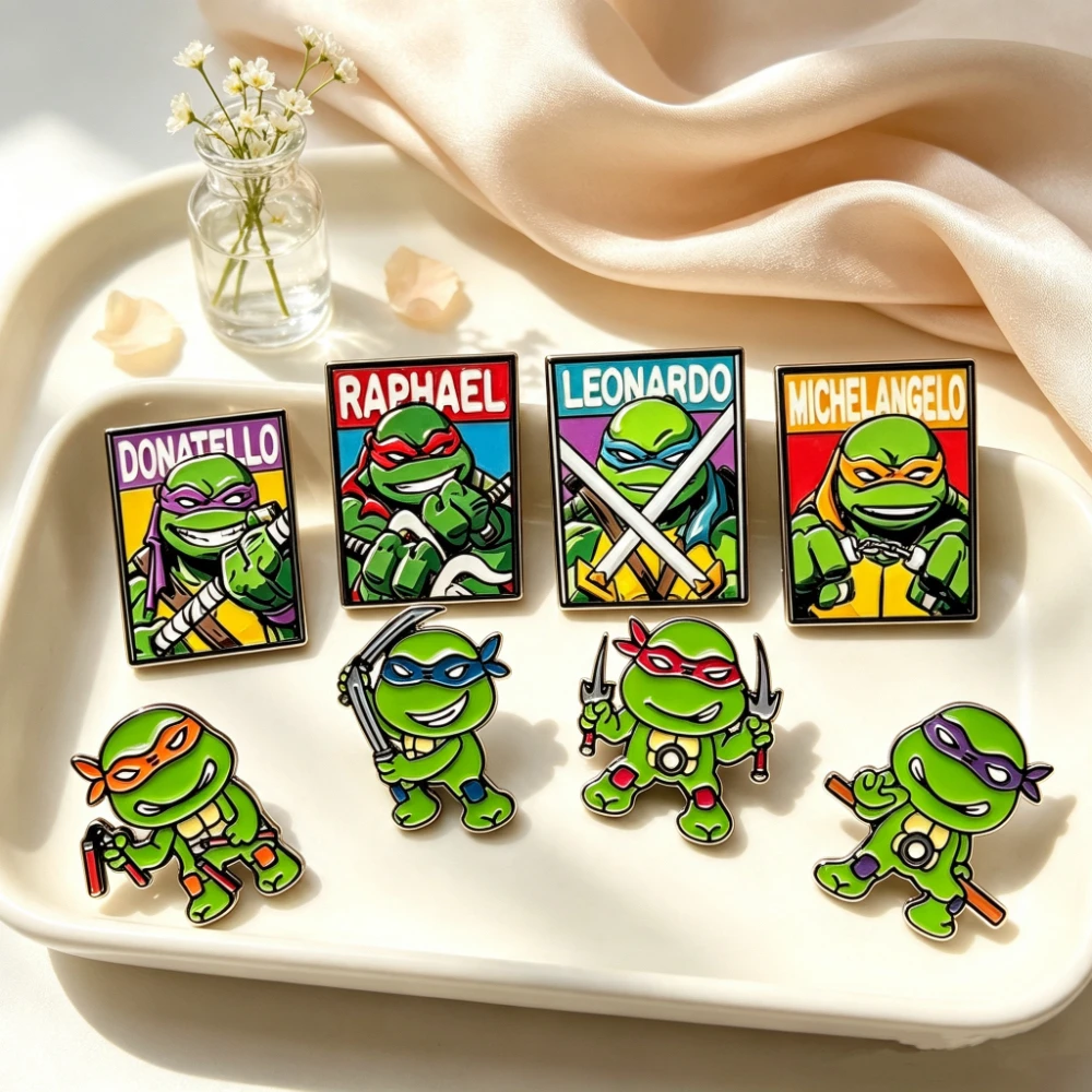 8Pcs Retro Comic Turtle Enamel Brooch Pins, Square Character Lapel Badges for Bags Clothing Backpack Decor Collectible Gift