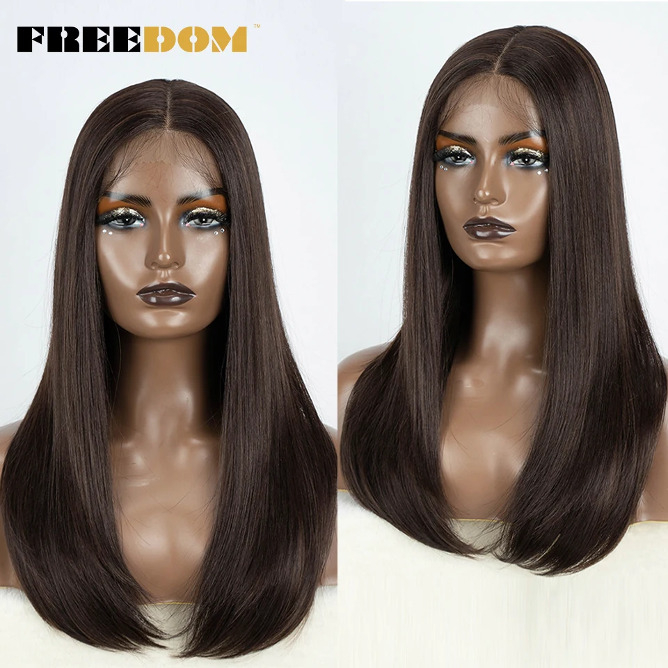 

FREEDOM Easy Wear Synthetic Lace Front Wigs For Women Straight Bob Wigs 22 inch Soft Ombre Brown Blonde Lace Wigs Cosplay Wig