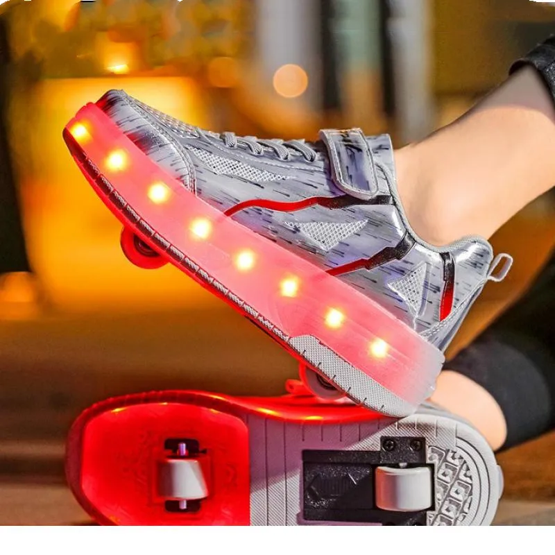 Girls Kids Roller Skates Skating Shoes Sliding Sneakers Outdoor Gym Sports Skate Shoes USB Led Light 2 Wheels Convertible Gift