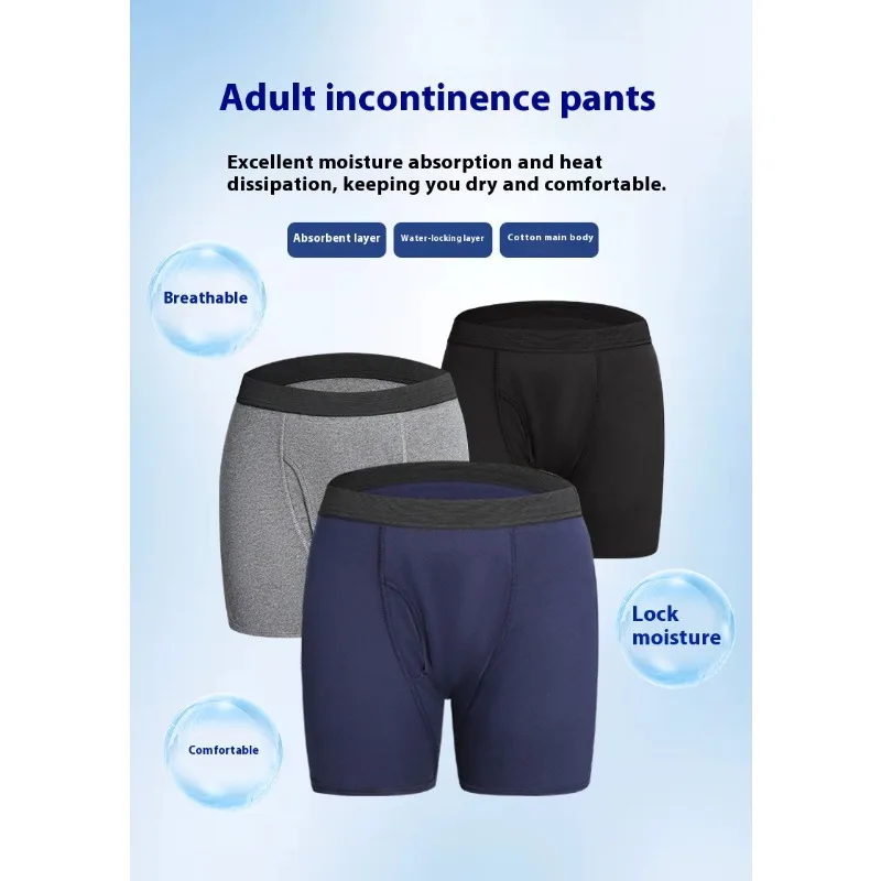‌Men Washable Diaper Underwear Cotton Boxer Briefs Leak Proof Protective Comfort Underpants Large Size Reusable Daily Wear Short