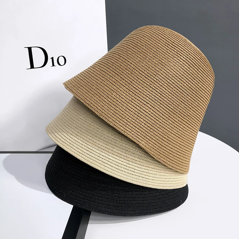 Ladies Summer All-match Shade Straw Hat Holiday Cool Hat Seaside Beach Fisherman Hat Foldable Japanese Bell-shaped Pot Hat Femal