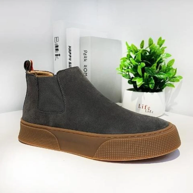 Men's High Top Suede Chelsea Boots Vintage Korean Style Fleece Lined Warm Leather Upper Autumn Winter 2025 New Arrival