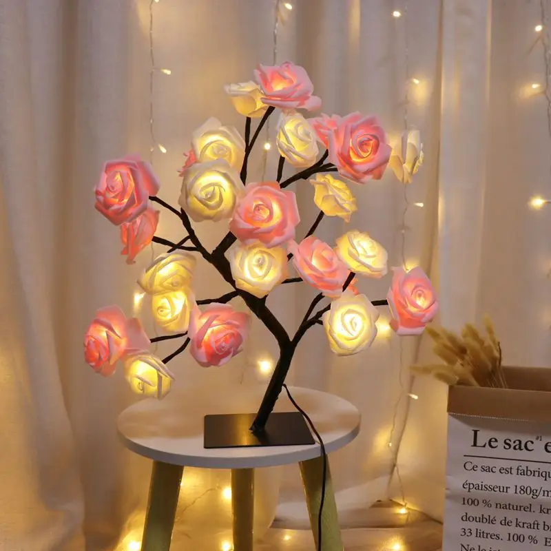 24LED Table Lamp Rose Flower Tree USB Night Lights Christmas Decoration Gift for Kids Room Rose Flower Lighting Home Decoration