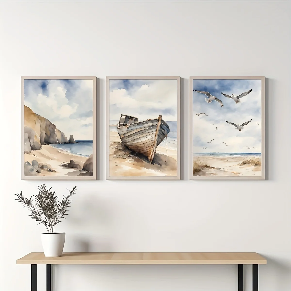 مجموعة فنية جدارية لمناظر شاطئ البحر الساحلية - ملصقات قماشية عصرية معاصرة مكونة من 3 قطع للشاطئ والقوارب وطيور النورس، إطار