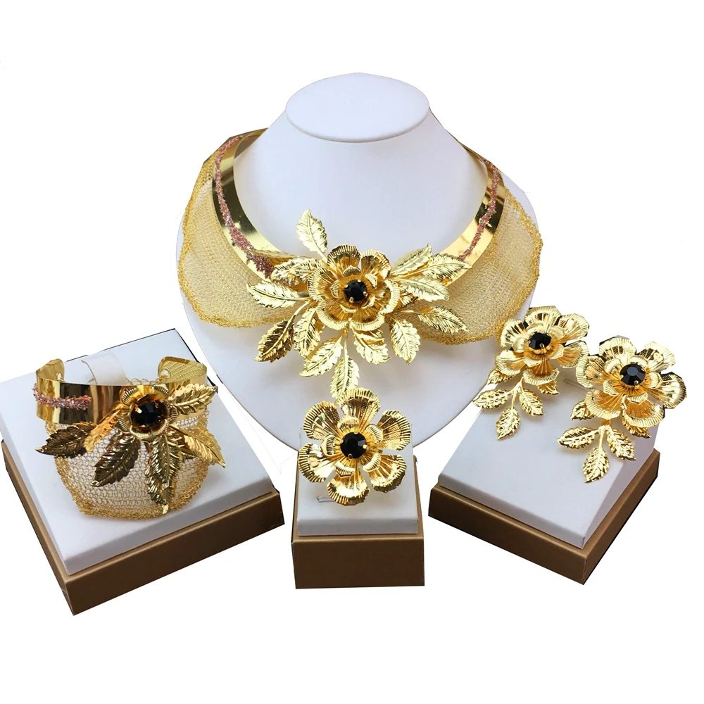 

Fashion Brazilian Gold Plated Jewelry Set All Copper Material African Necklace Simple Flower Style FHK18383