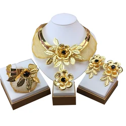 Fashion Brazilian Gold Plated Jewelry Set All Copper Material African Necklace Simple Flower Style FHK18383