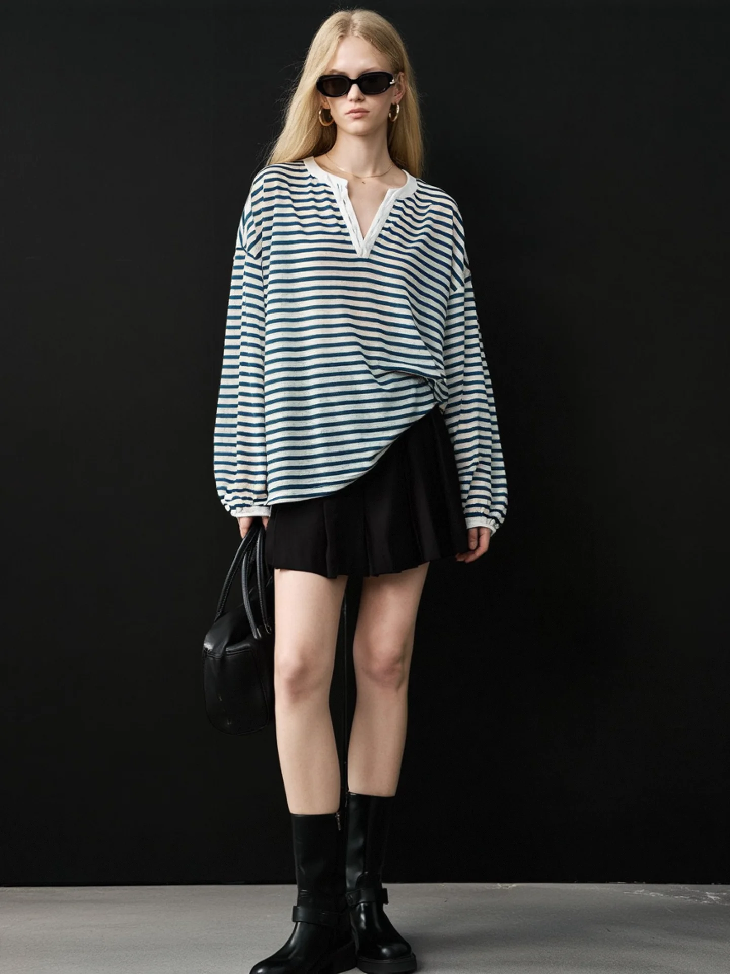 

Loose Long Sve V-Ne T-irt Women's Casual Sle Striped Loose Top with Belt Autumn New Arrival HUAAPPUW Blue
