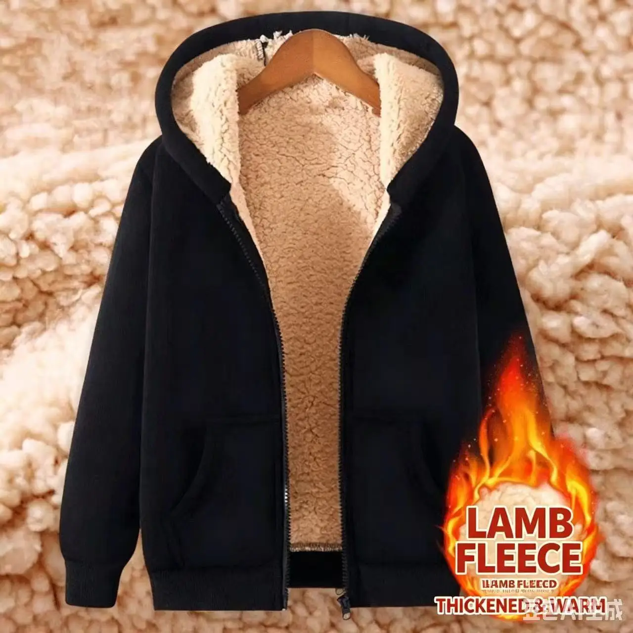 Men's and women's plush lined hooded jacket, wool jacket, front pocket, warm zipper, winter coat 2026 new model