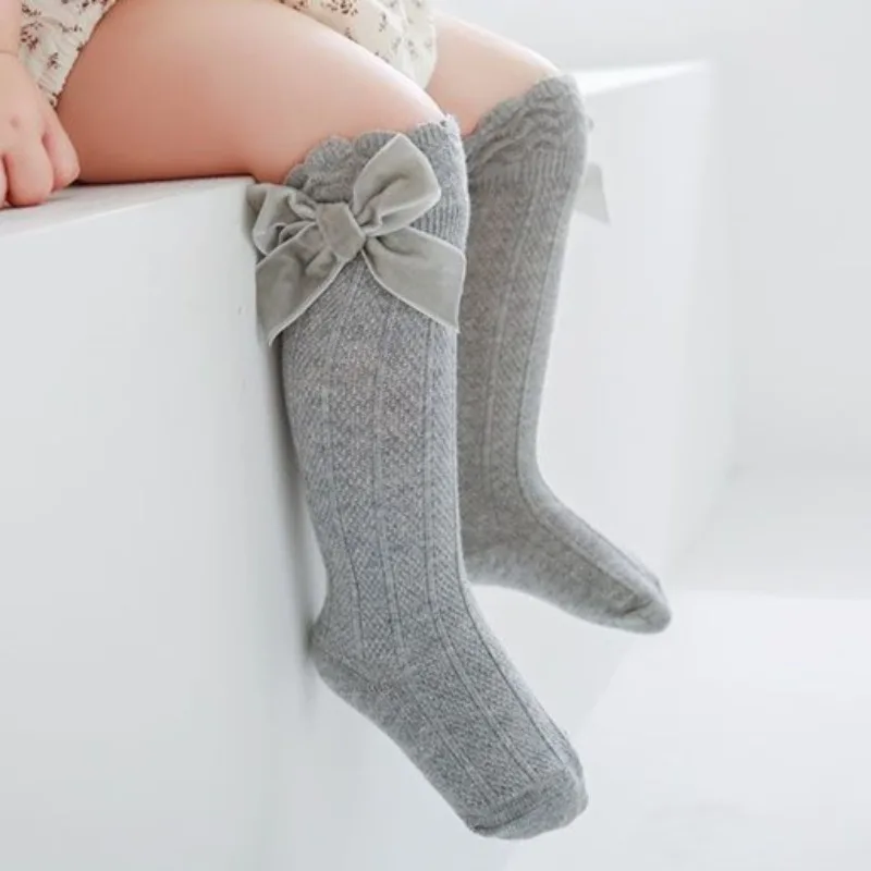 Spring Autumn Baby Girls' High Waist Lace Bow Princess Socks Solid Color Cotton Long Johns Non Slip Ergonomic Design for Kids