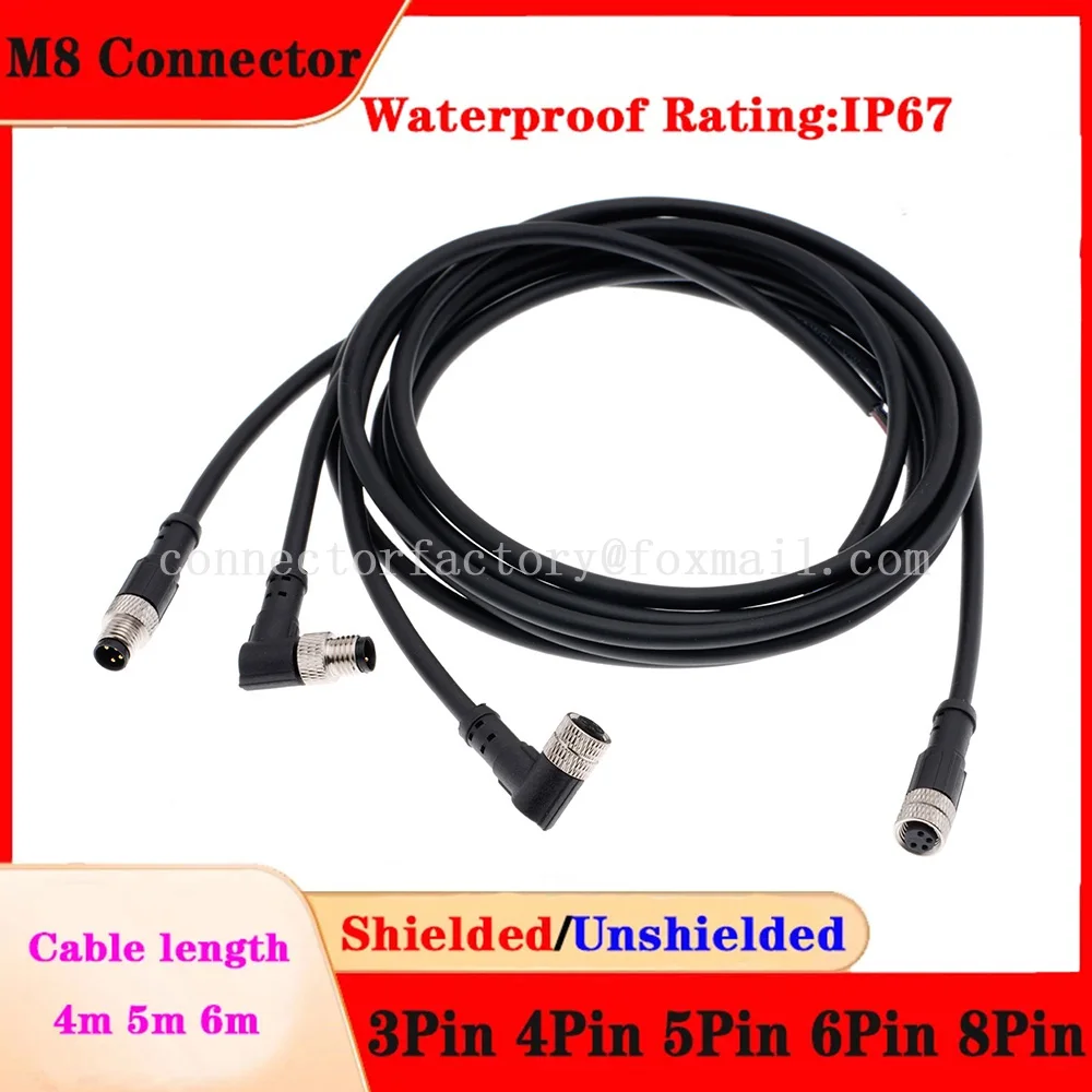 M8 Shaped Straight Head 90 Degree Elbow Needle Hole Core IP67 Waterproof Connector Wire Harness Plug Shielded Docking 4m 5m 6m