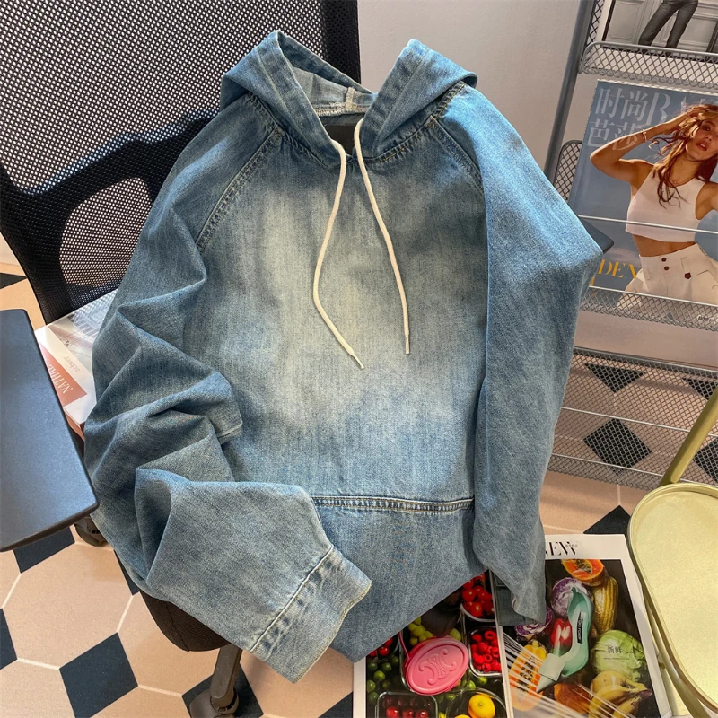 Men & Women Couples Denim Hooded Pullovers Drawstring Solid Color Loose Sweatshirts Vintage Big Pocket Raglan Sleeve Hoodies