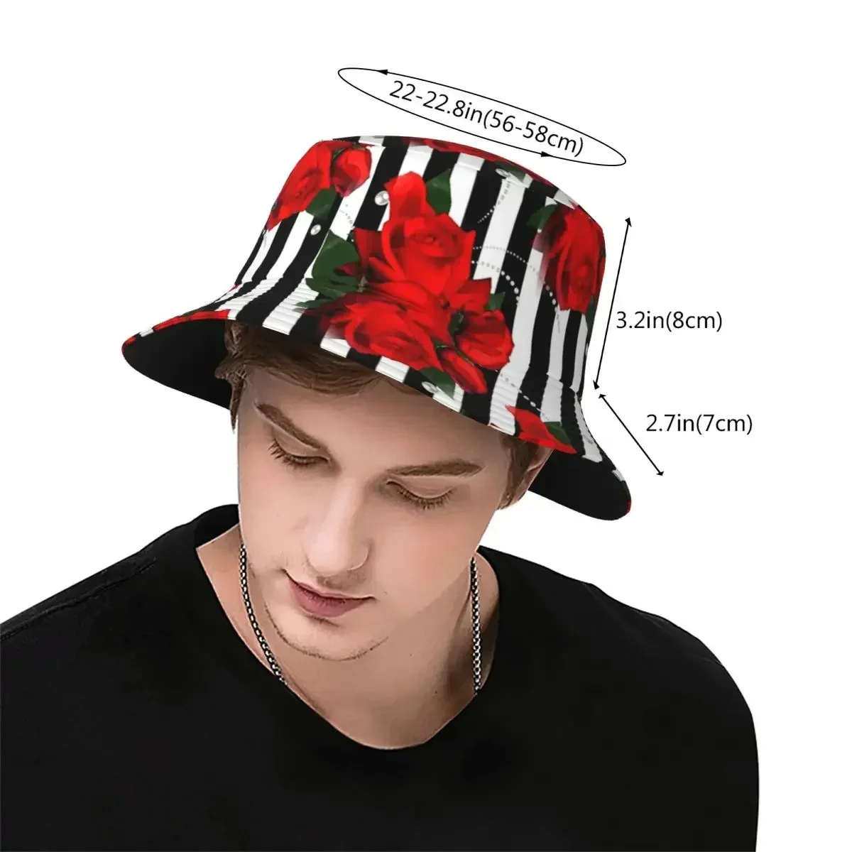 Red Roses On Black And White Stripe Bucket Hats Panama For Man Woman Bob Hats Hip Hop Fisherman Hats For Summer Fishing Caps