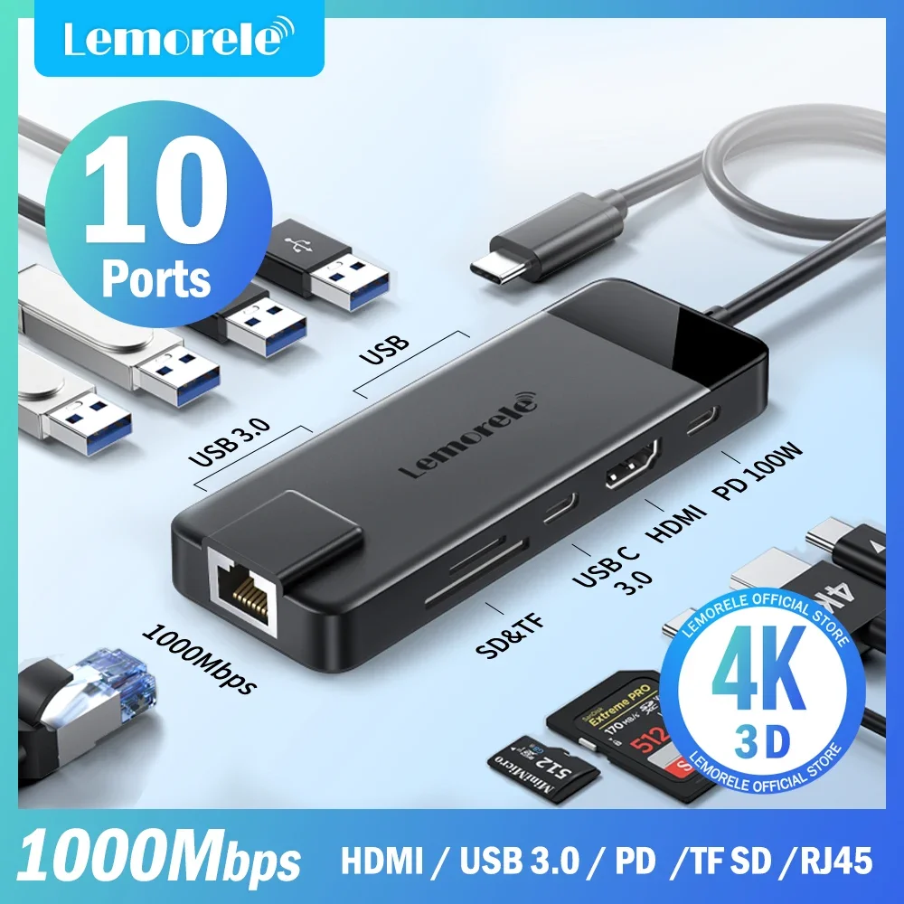 Lemorele TC93 USB HUB Type C 4K Hdmi RJ45 1000mb USB HUB 3 0 High Speed With Power 100  With VGA SD TF For  MacBook Pro Air