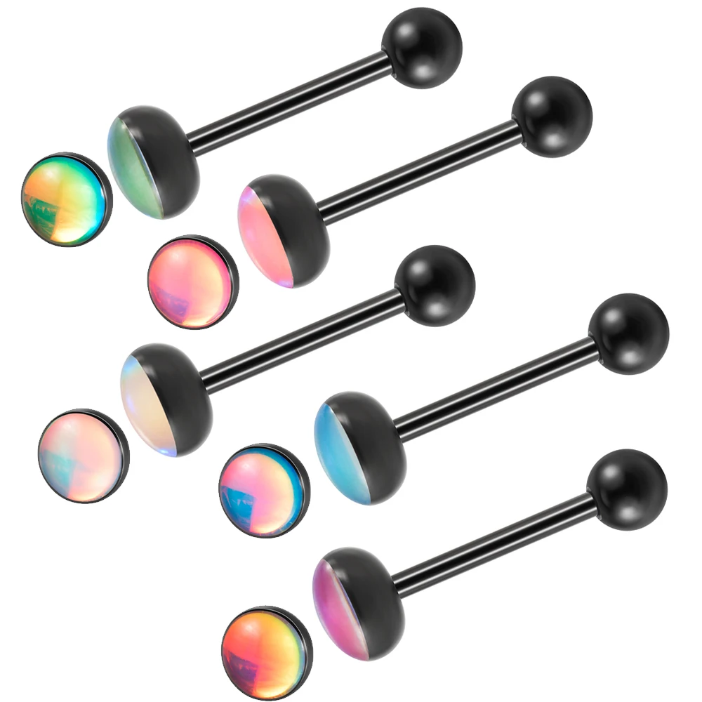 1PC Roung Gradient Flash Tongue Stud Black Plated Stainless Steel Tongue Barbell Ring Piercing Bodyjewelry Unisex Decoration
