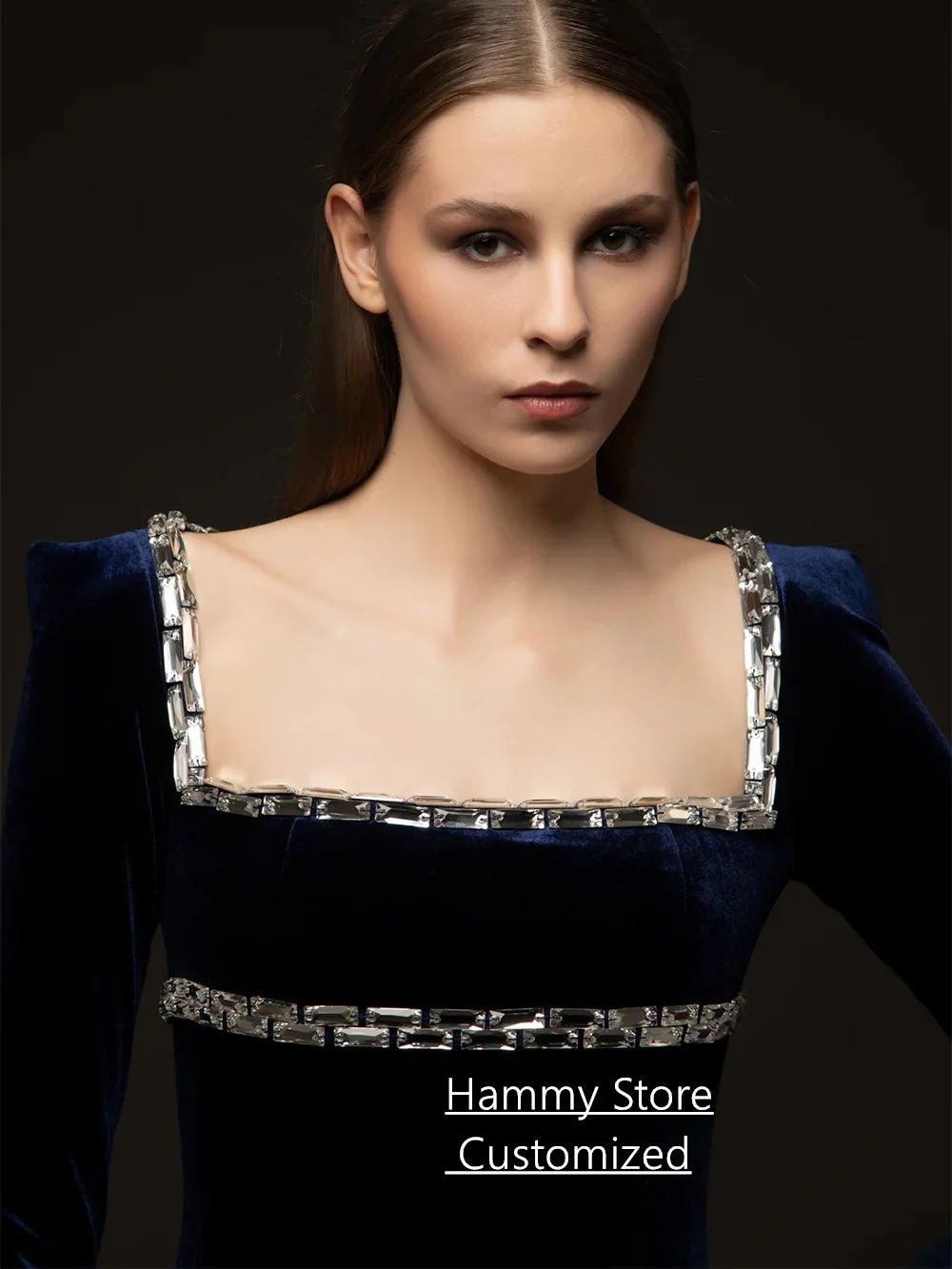 فستان سهرة بحري عربي مخصص بأكمام طويلة ورقبة مربعة فضية وحجر كريستال سويب تراين فستان حفلة عربية سعودية #4