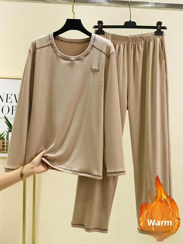 Men's Warmth Velvet round Ne Home Clothes Set Winter Loose Casual Long Sve Long Pants Two-Piece Set Comfortable Spwear