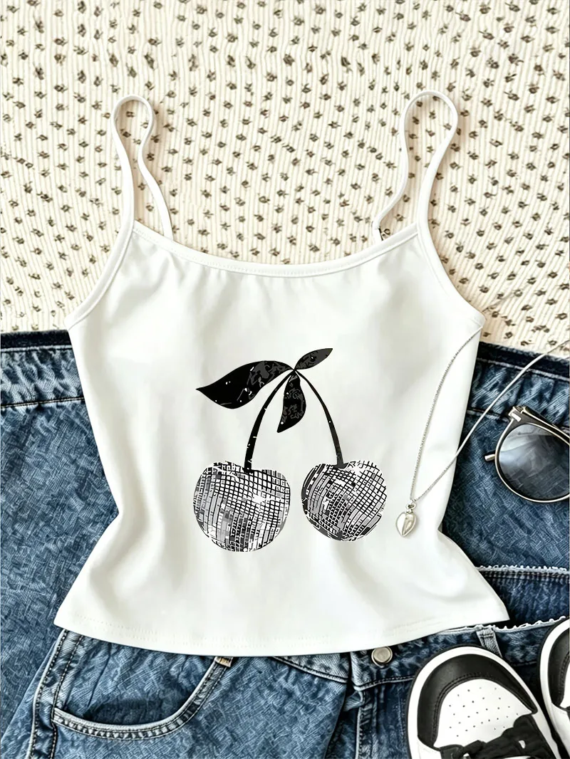 Vintage Cherry Print Camisole Top Graphic Casual Crop Top Vest  90s Aesthetic Women'S Tank Top Spring Summer Clothes