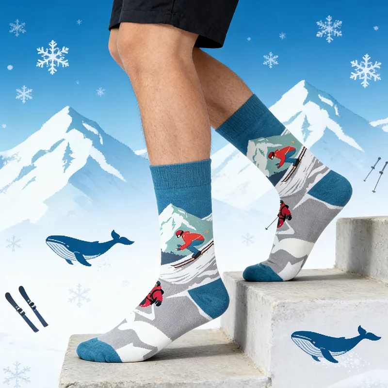 1 Pair Ski Pattern Mid-Calf Socks for Men Trendy Outdoor Style Casual Contrast Color Socks