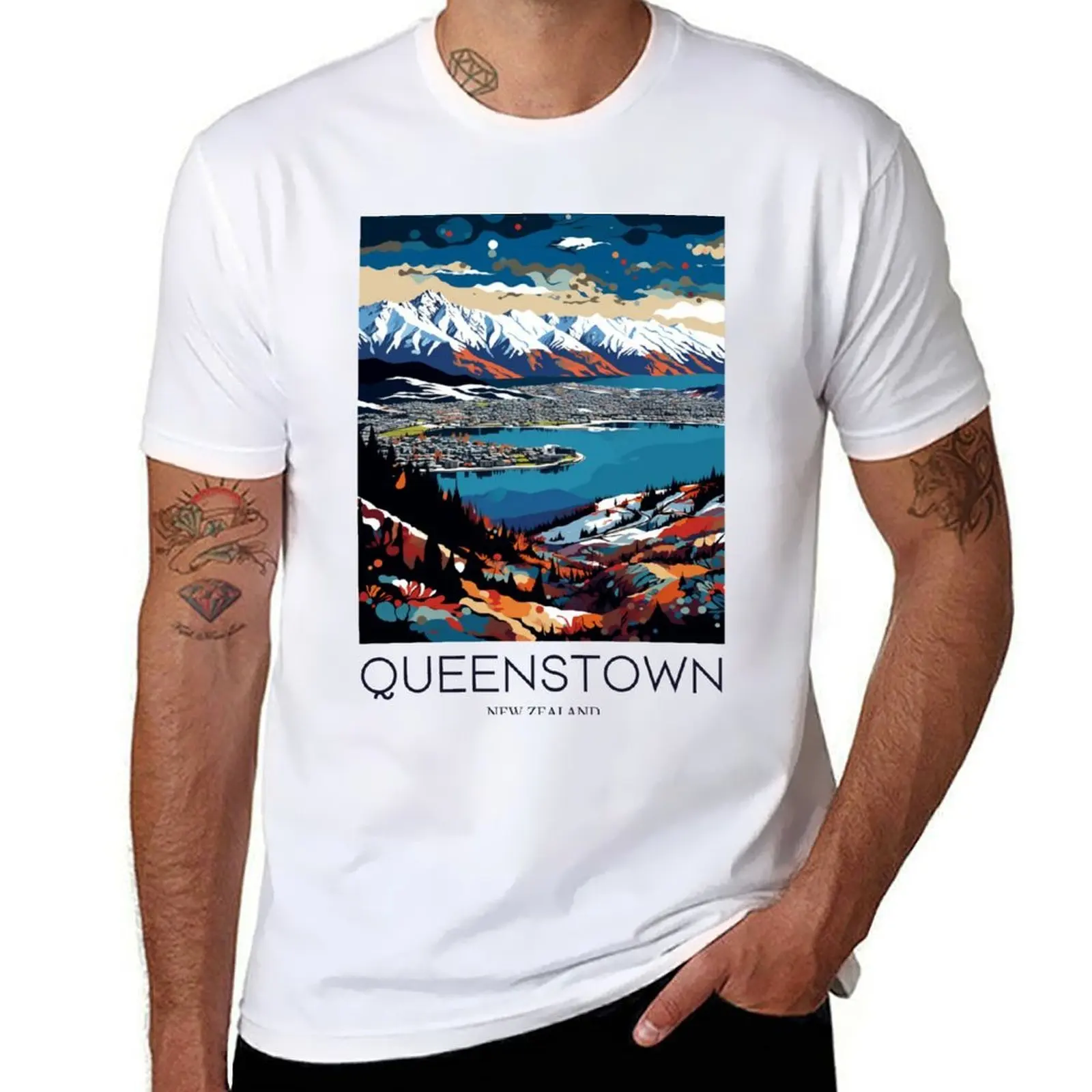 فن البوب السفر طباعة من Queenstown-نيوزيلندا تي شيرت القطن تي شيرت رجل 100% تي شيرت للرجل سليم تي شيرت مجسم