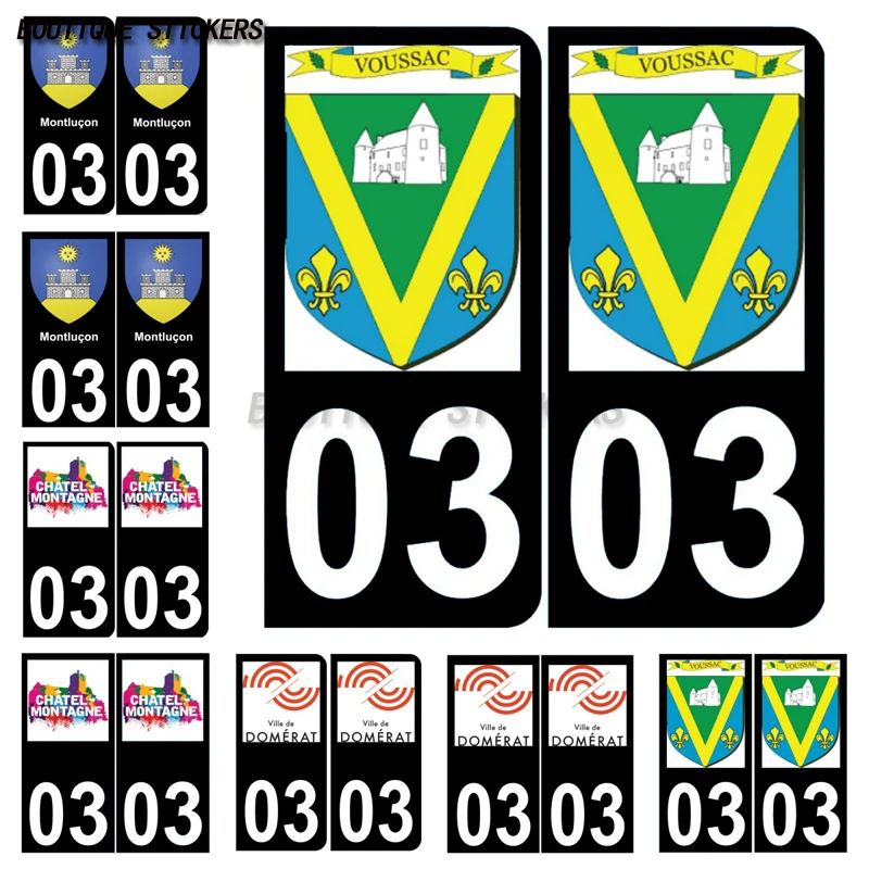 

2Pcs Autocollant plaque d'immatriculation française noir bleu 03 Montluçon Domérat Voussac Châtel-Montagne logo Waterproof PVC