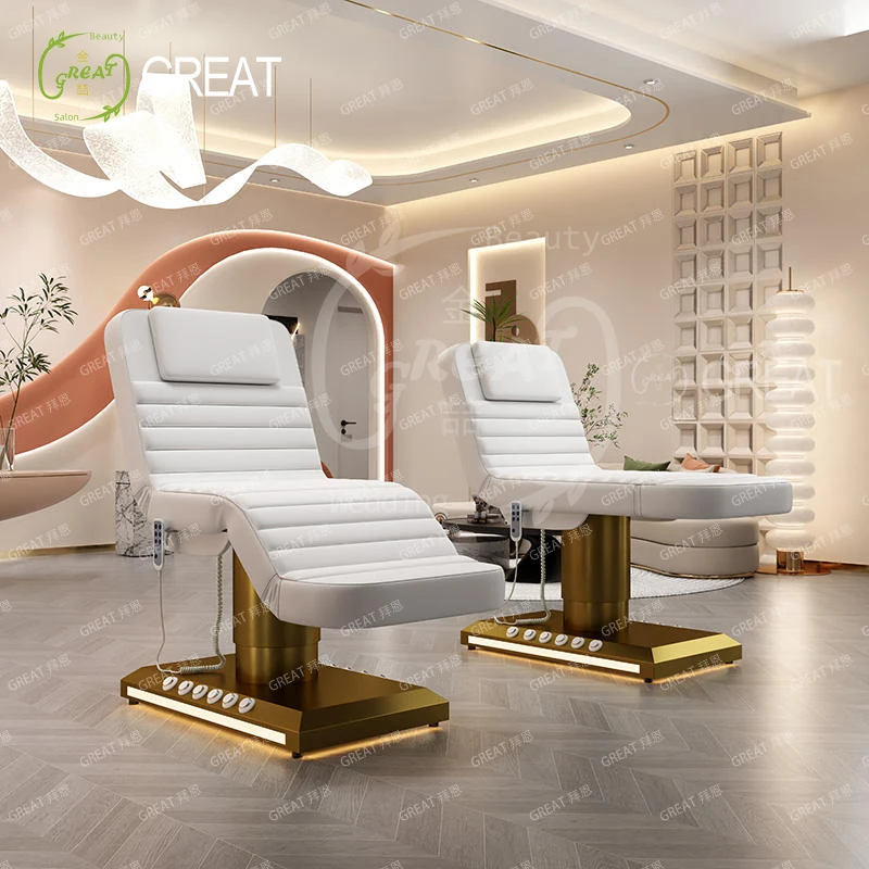 

Modern 3 Motors Electric Massage Table Bed Luxury Gold Base Adjustable Cosmetic Treatment Medical Spa Bed with Led