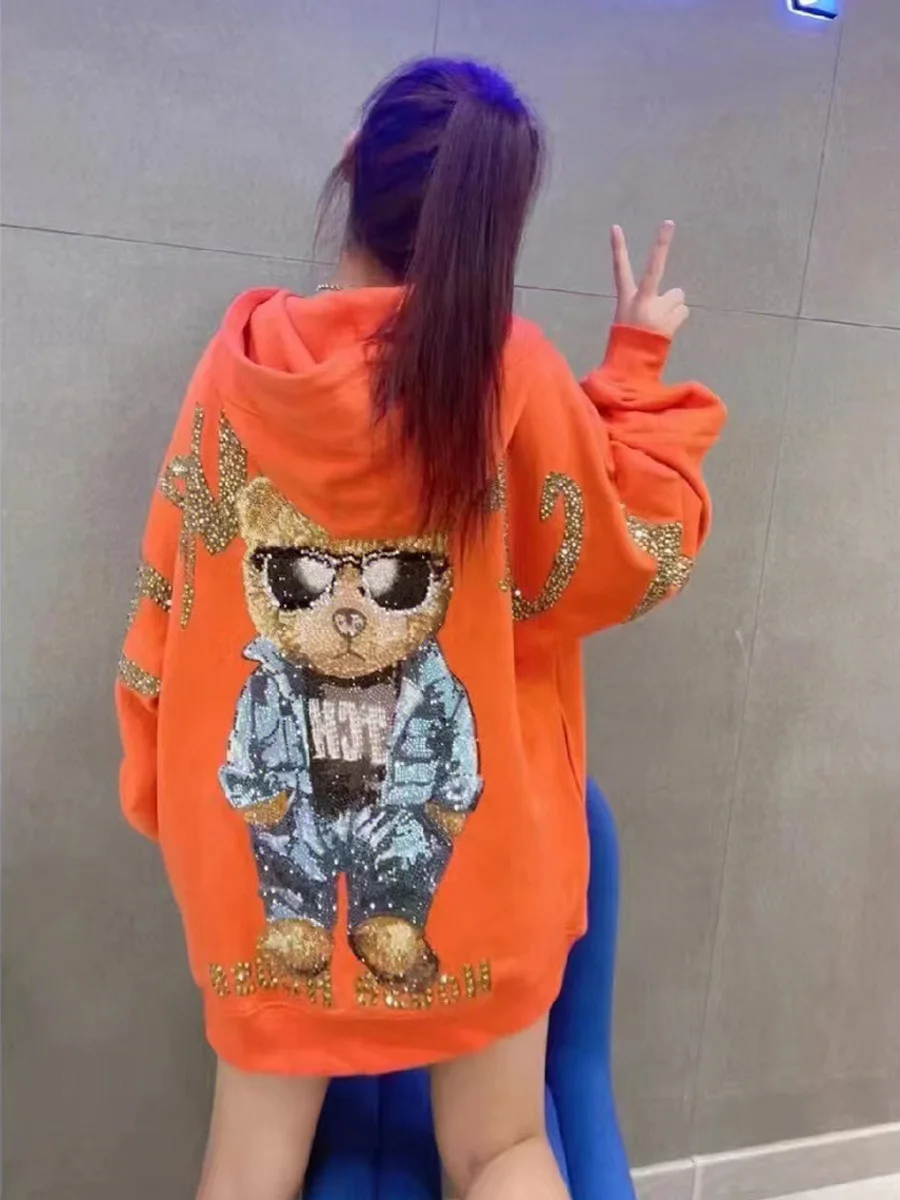 Luxury Hot Driling Bear Trendy Orange Sweatshirt 2022 New Autumn Loose Long Sleeve Hooded Top Streetwear Pullovers Lovers Hoodie