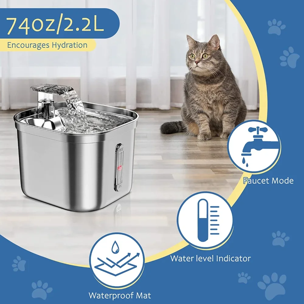 Stainless Steel Cat Fountain with Water Mark, Automatic Cats Water Dispenser, Sensor Filter, Ultra Quiet Pump