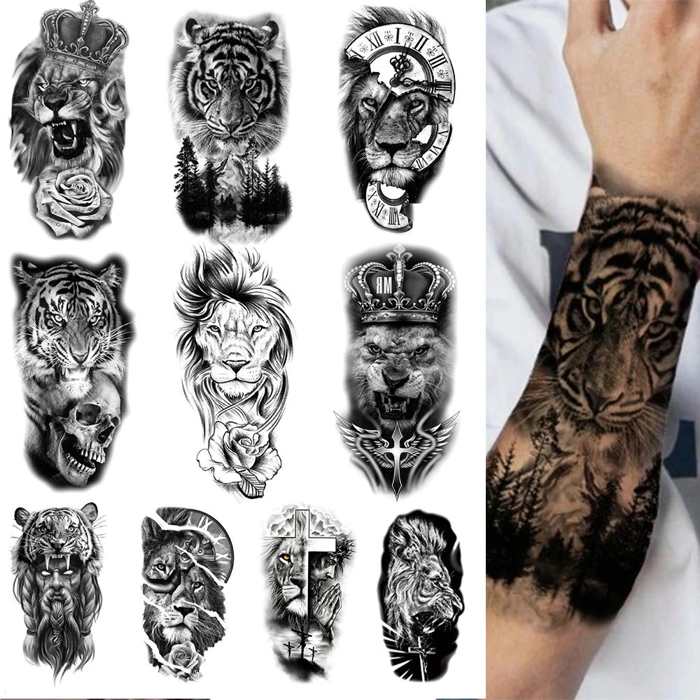 Waterproof  Temporary Tattoo Sticker Man Full Arm Forest Animal Lion Wolf Maori Flower Women Half Arm Totem Sticker