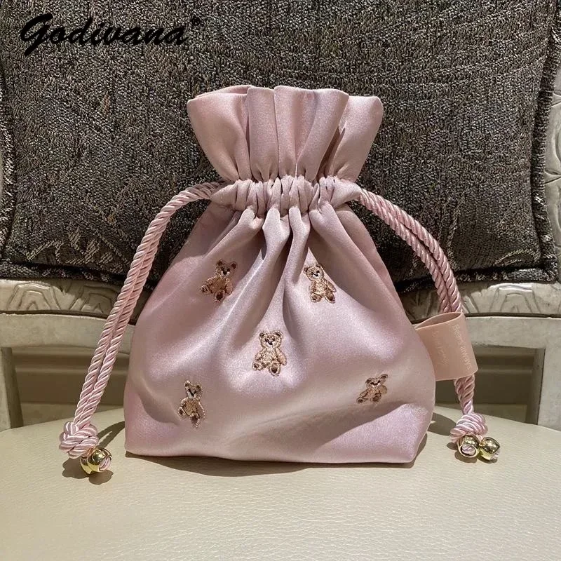 Japanese Cute Bear Exquisite Embroidery Small Buggy Bag Lady Girls Pink Cosmetic Bag Fashion Women\'s Satin Drawstring Storage