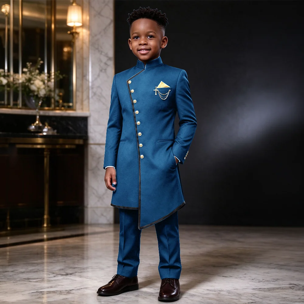 Boy's Stand Collar African Style Elegant Suits For Kids Slim Fit Formal Tuxedos Prom Boy Long Blazer Costume Homme
