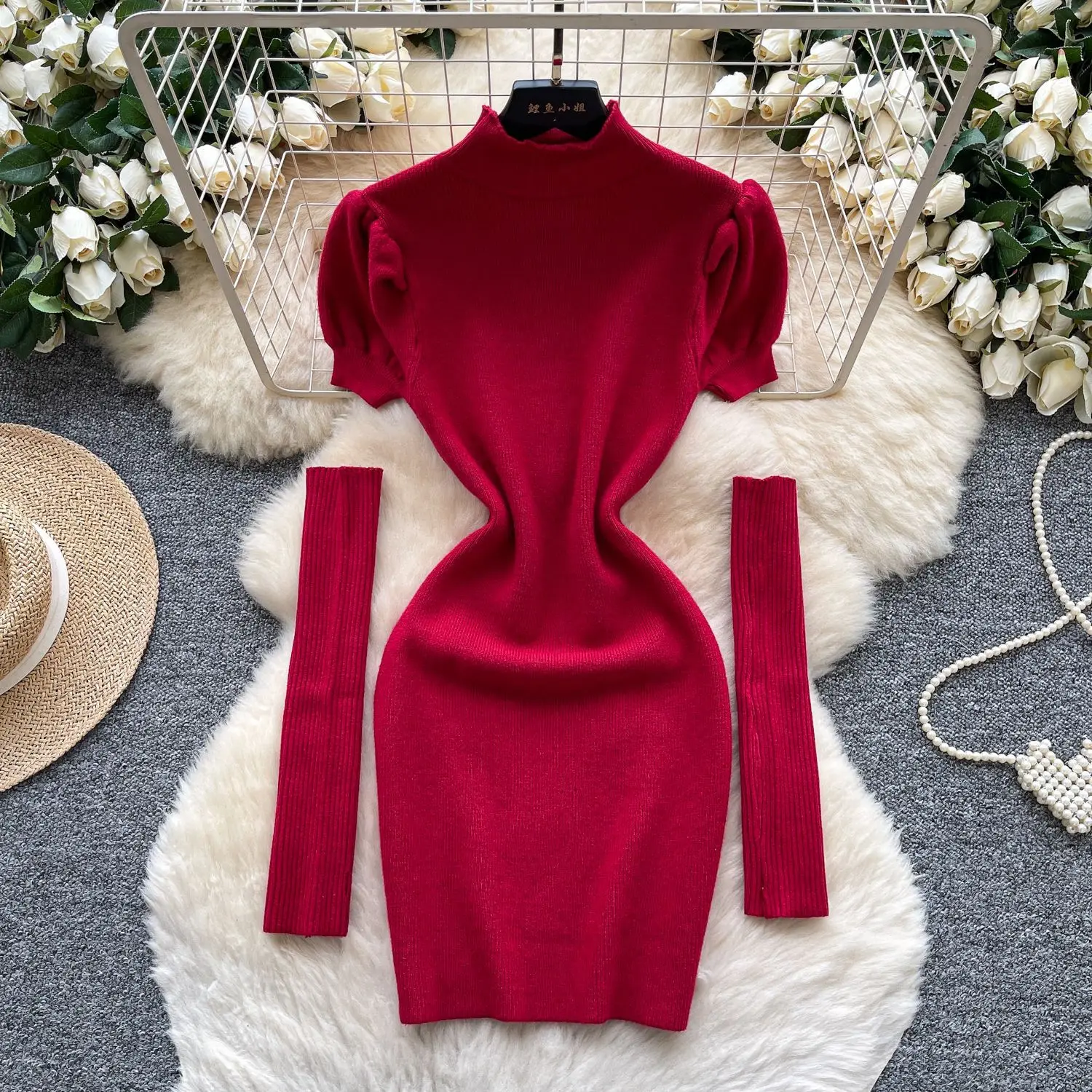 

Dress Women Mid Length Dresses A Line Vestidos Y2k Streetwear Turtleneck Puff Sleeve Knit Elegant Splice Party Night Work 2025