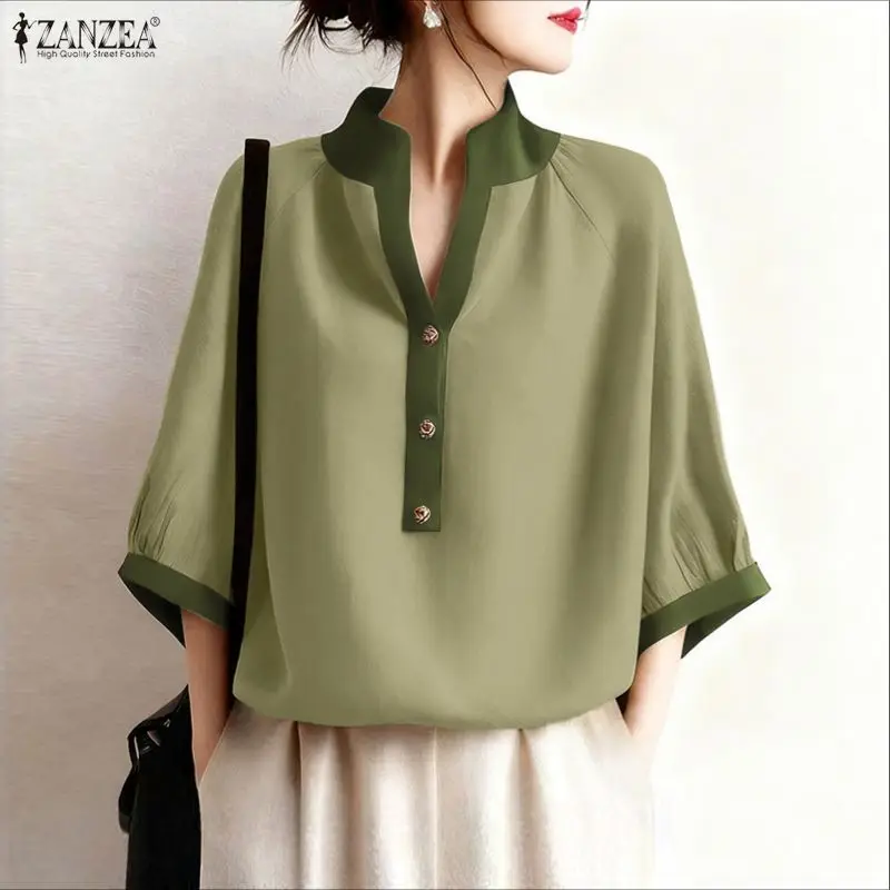 ZANZEA Women Casual Blouses Fashion 3/4 Sleeve Color Patchwork Shirts 2025 Autumn V-Neck Buttons Stylish Tops Female Blusas