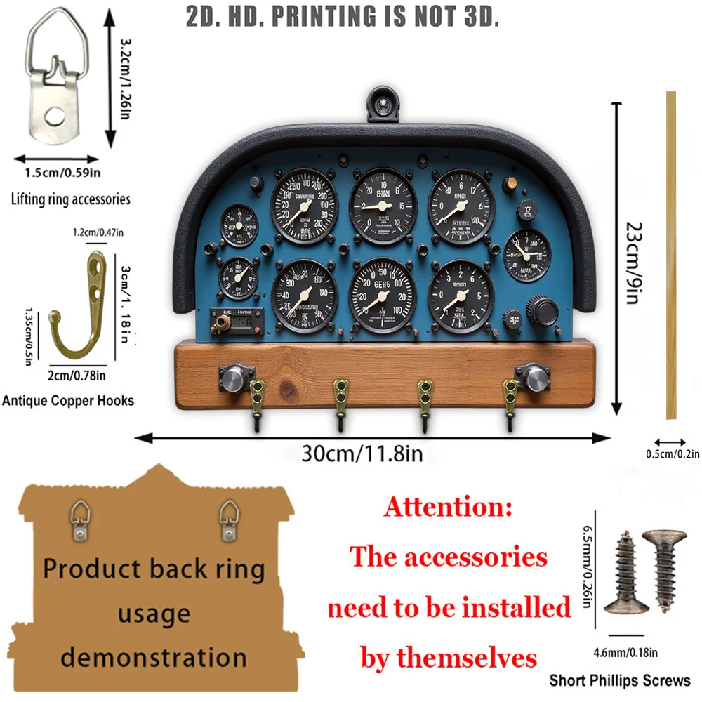 2D flach, 1 Stück, Retro-Schlüsselhaken für Luftfahrt-Instrumententafel, multifunktionaler Schlüsselhaken aus Holz für Zuhause, mit vier Metallhaken, Wand – Detail 3