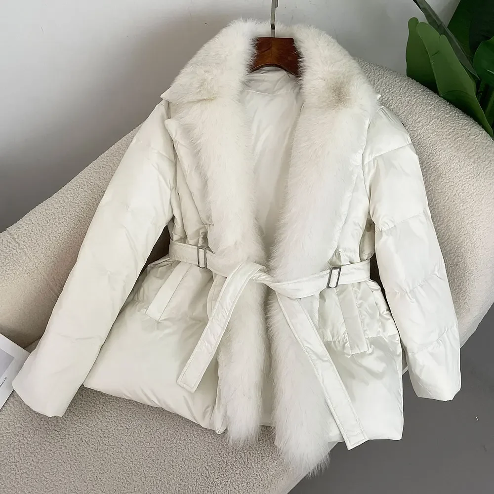 Luxurious 2024 Winter Jacket Women Real Fox Fur Collar Natural Thick Warm Duck Down Coat Belt Outerwear Streetwear Loose Casual