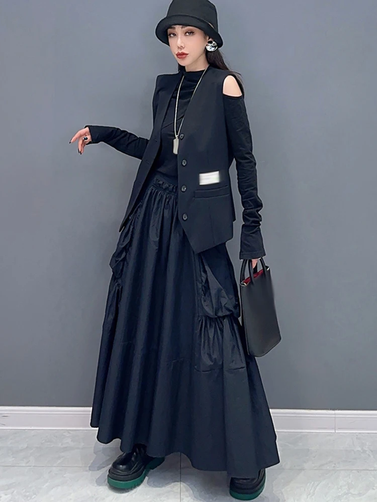 XITAO Big Pocket Elastic Waist A-line Skirt Pleated Solid Color Fashion Loose Street Trendy 2024 Spring Women Skirt DMJ3981