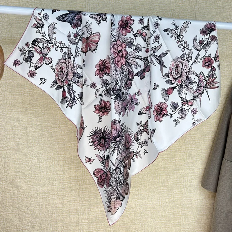 Floral 90 Silk Scarfs 100% Mulberry Silk Scarf Shawl 2024 Spring NEW Designal Foulard Neckerchief