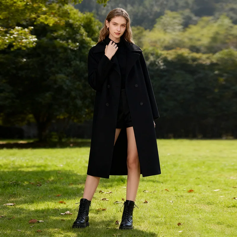 

Высококачественный женский шерстяной облегающий черный плащ во французском стиле с длинными рукавами, осенне-зимняя модная элегантная верхняя одежда