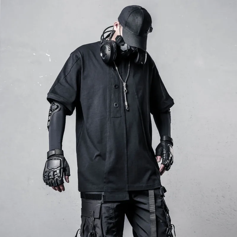 Dark Irregular Design Short-Sleeved T-shirt Men's  Half Sleeve Crew Neck Techwear  Deconstruction Top