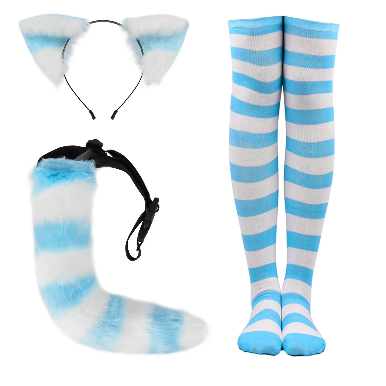 Japanese striped cat ears Cat tail stockings Cute cosplay over the knee Halloween party props