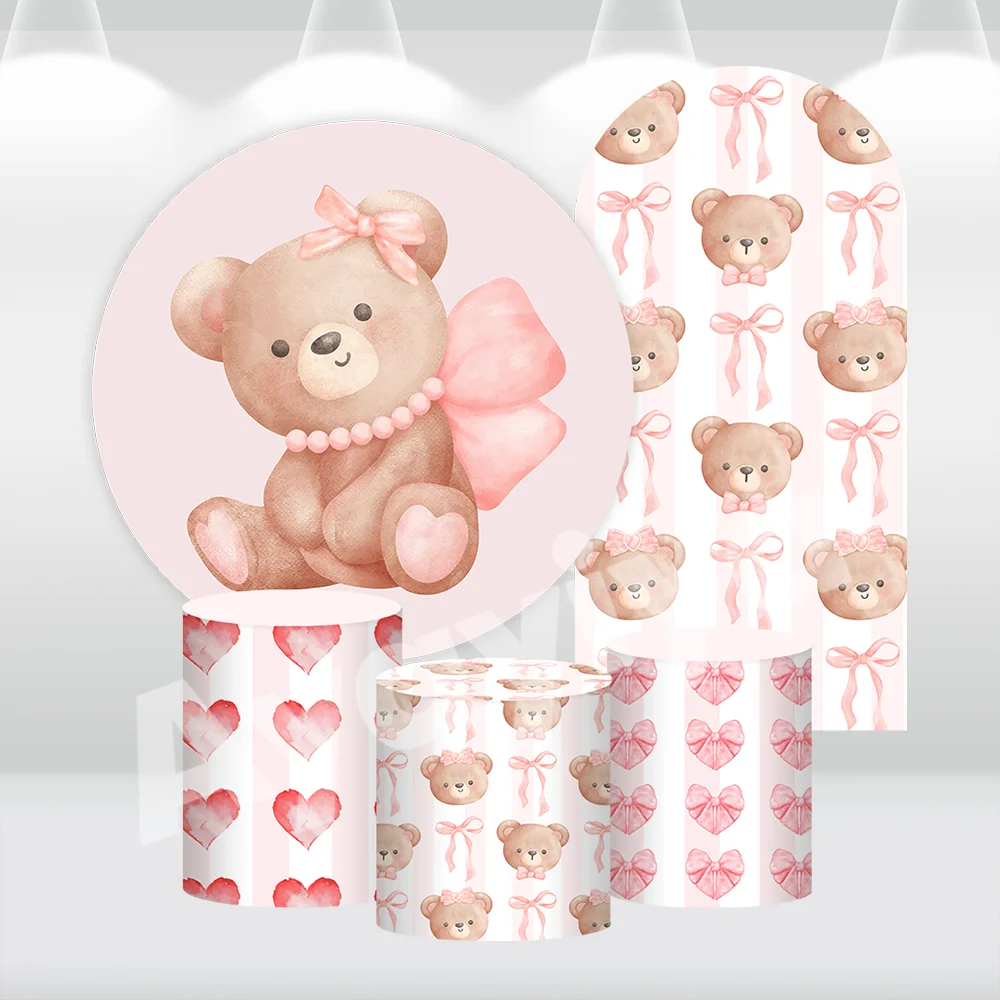 

Круглый фон с медведем для девочек на день рождения, розовый бант, арочные настенные панели для детского душа, украшение для торта, стола