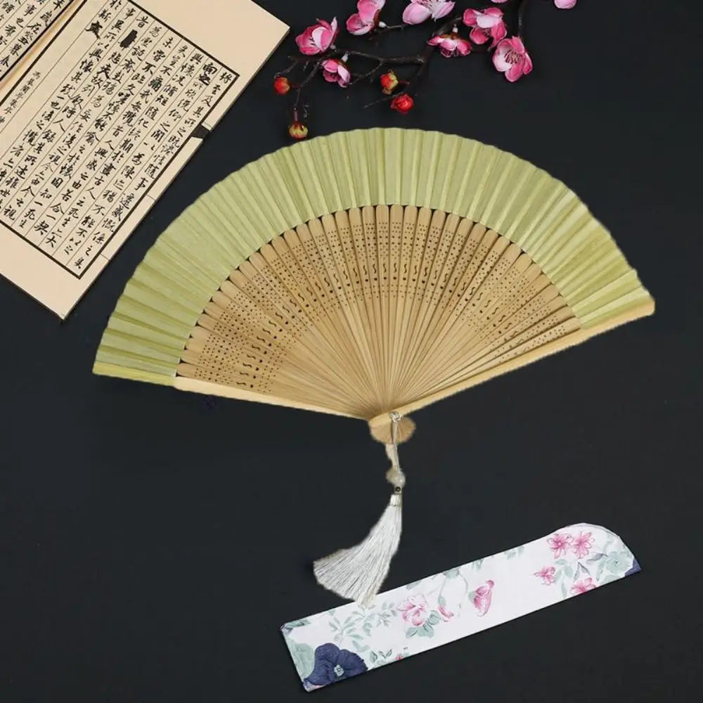 Portable Carved Handle Bamboo Folding Fan Handhold Vintage Chinese Fan with Tassel Dance Fan Summer