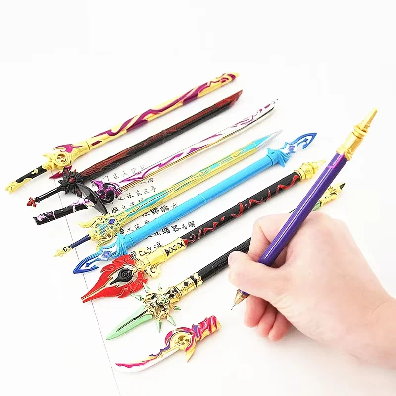 Wholesale 10PCS/Lot Game GS Impact Cosplay Weapons Sword Model Pen Metal Black Ink Pens Cosplay Prop Kids Student Gifts