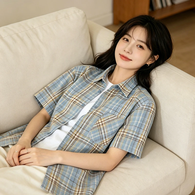 Y2K New Summer Collection Blue Yellow Plaid Short Sleeve Shirt Women Retro Oversized Casual Blouse Short-sleeve Shirt view 4