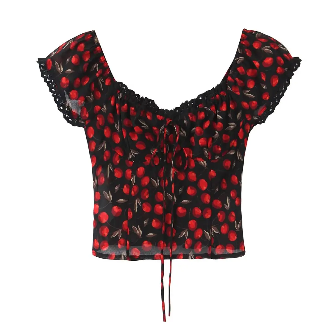 

2024 Summer New French Hottie Retro Style Niche Design V-neck Cherry Print Short Sleeve Top