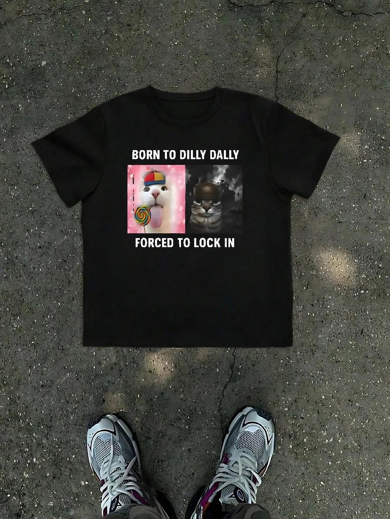 Born To Dilly Dally and Forced To Lock in Cat Print T-Shirt Unisex Retro Casual Tee Relaxed Fit Breathable Top for Daily Wear