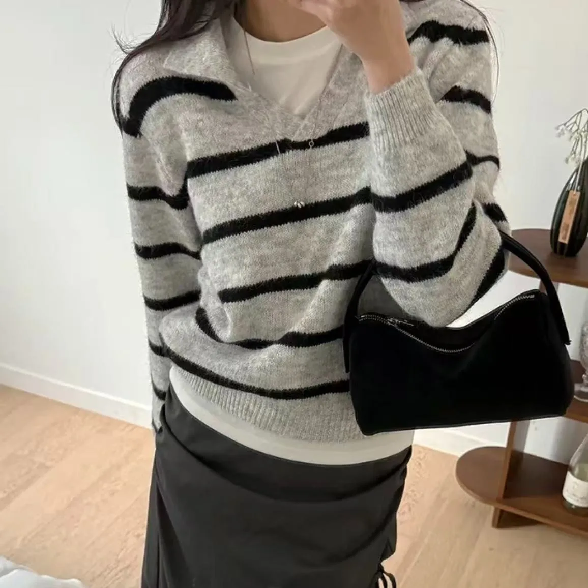 

Loose Women's Knitwear Spring Autumn Versatile Lazy Sle Loose Color Blo Collar Soft Stripe Top Korean Chic Comfortable Fit