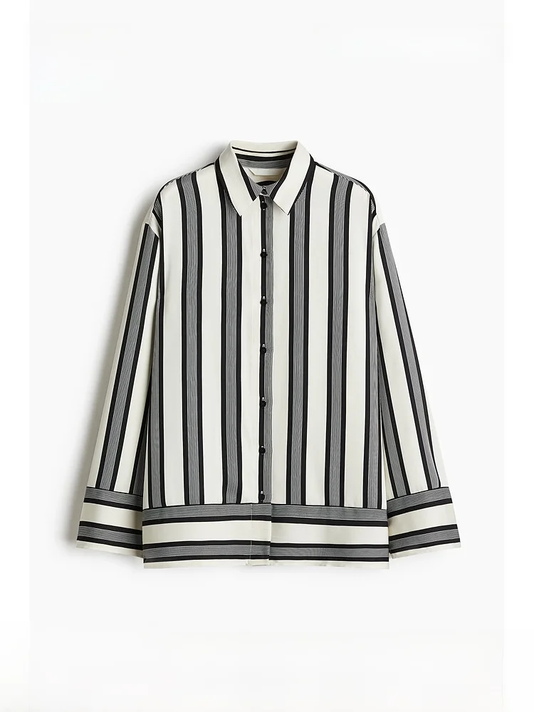 

H&M Women's Shirt Summer Intelligent Stripe Design Sensation Inner Wear Vintage Grid Shirt Long Sleeve Turn-down Collar