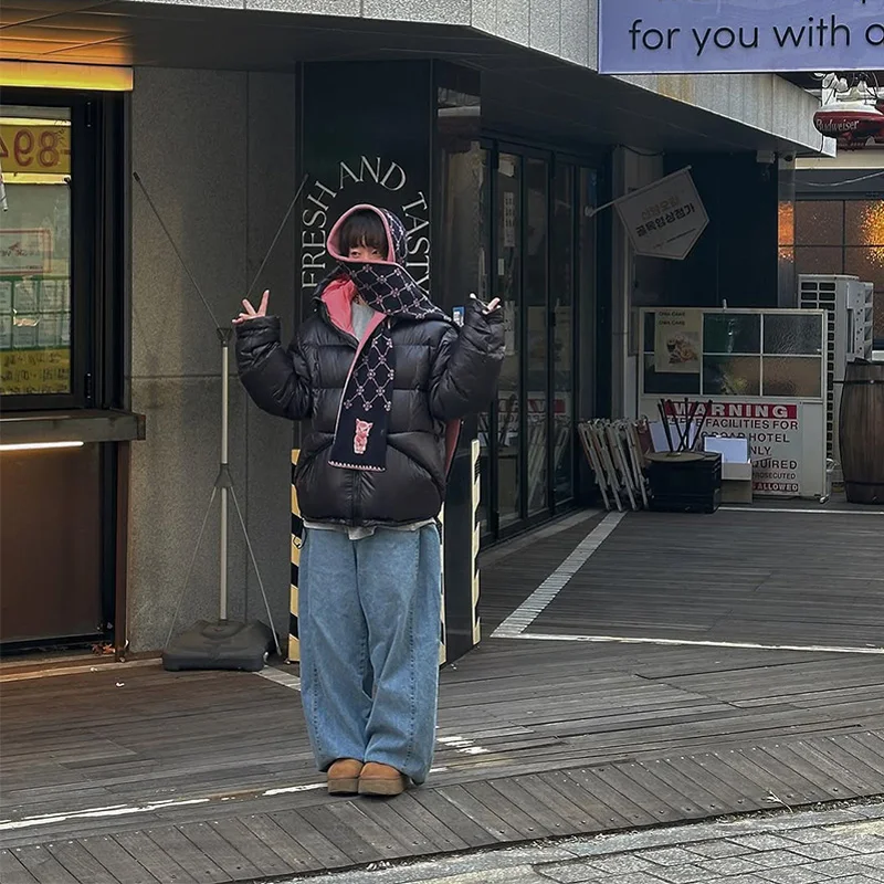 ピンクブラック レディース ダウンジャケット ドローストリング フード付き パフィー コットン パッド入りコート コントラストジッパー アウターウェア 2025年新作 冬 レディースコート