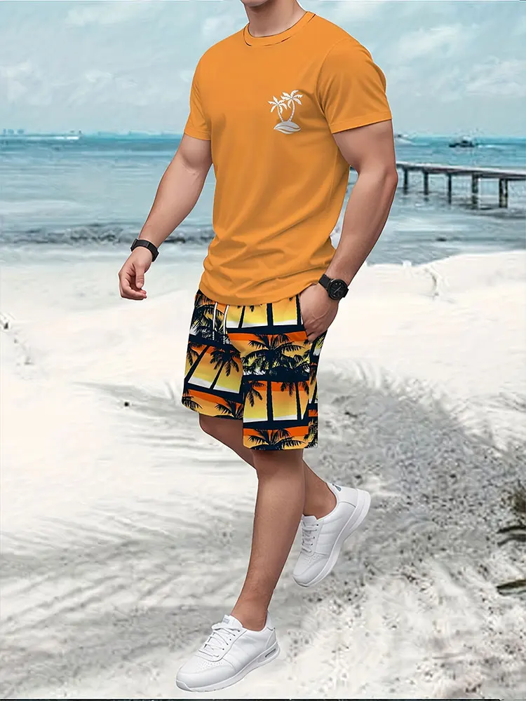 Hawaiian Men\'s Short Sleeve Top And Beach Shorts Set Summer Casual Everyday Men\'s T-shirt Palm Leaf Print Men\'s Fashion Shorts