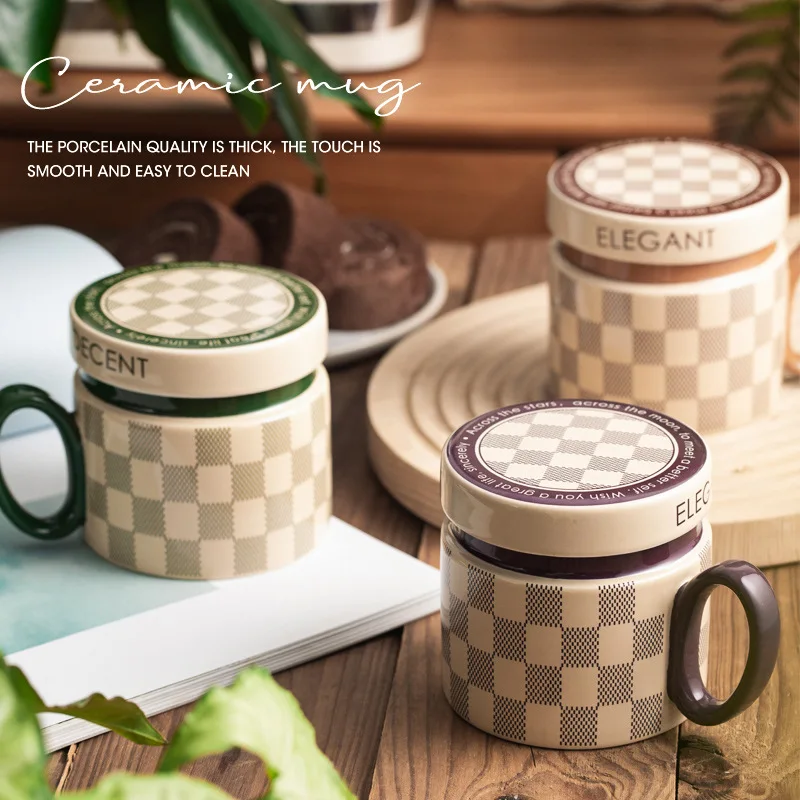 

Кофейная кружка с клетчатым узором, керамическая кружка с крышкой, пара, качественная домашняя винтажная офисная кружка